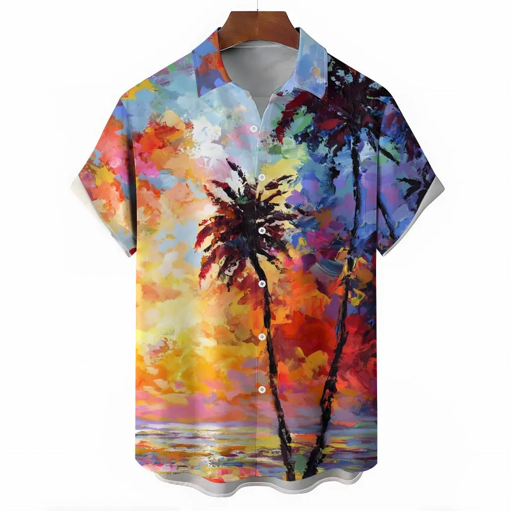 Hawaiian Coconut Tree Oil Painting Art Print Short Sleeve Shirt 2404001791