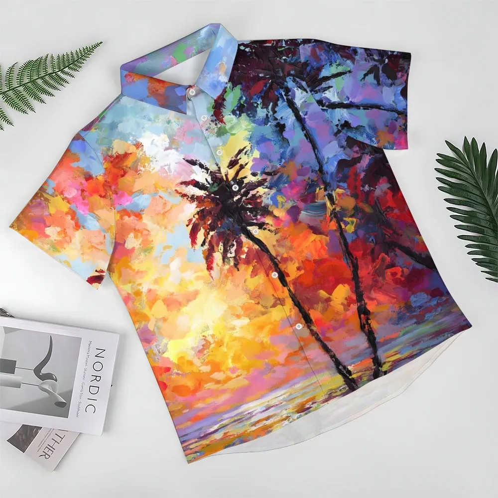 Hawaiian Coconut Tree Oil Painting Art Print Short Sleeve Shirt 2404001791