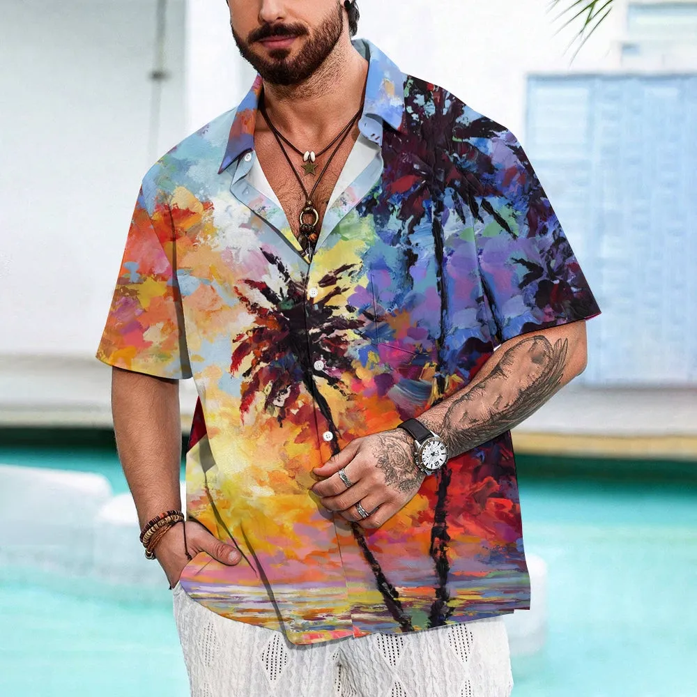 Hawaiian Coconut Tree Oil Painting Art Print Short Sleeve Shirt 2404001791
