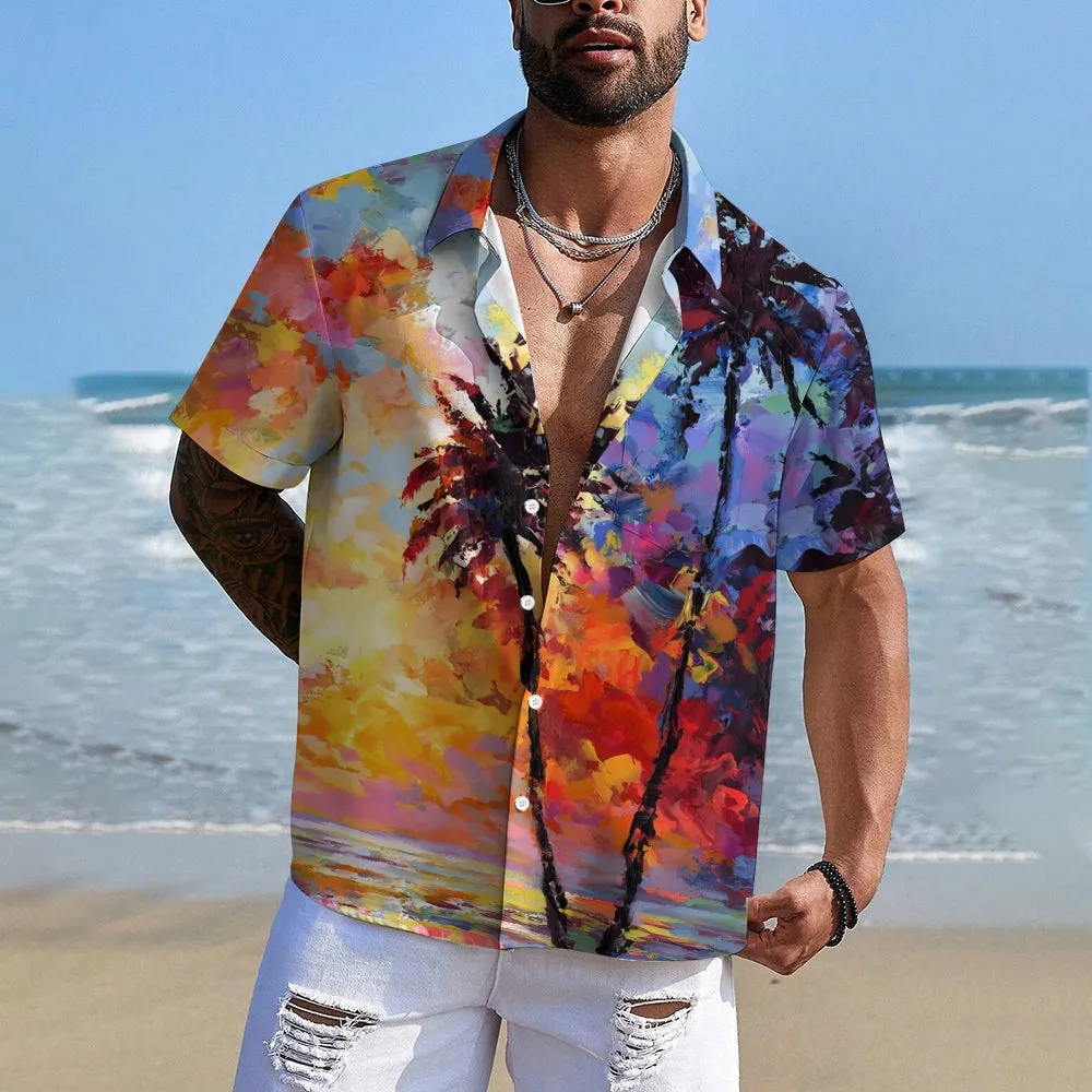 Hawaiian Coconut Tree Oil Painting Art Print Short Sleeve Shirt 2404001791