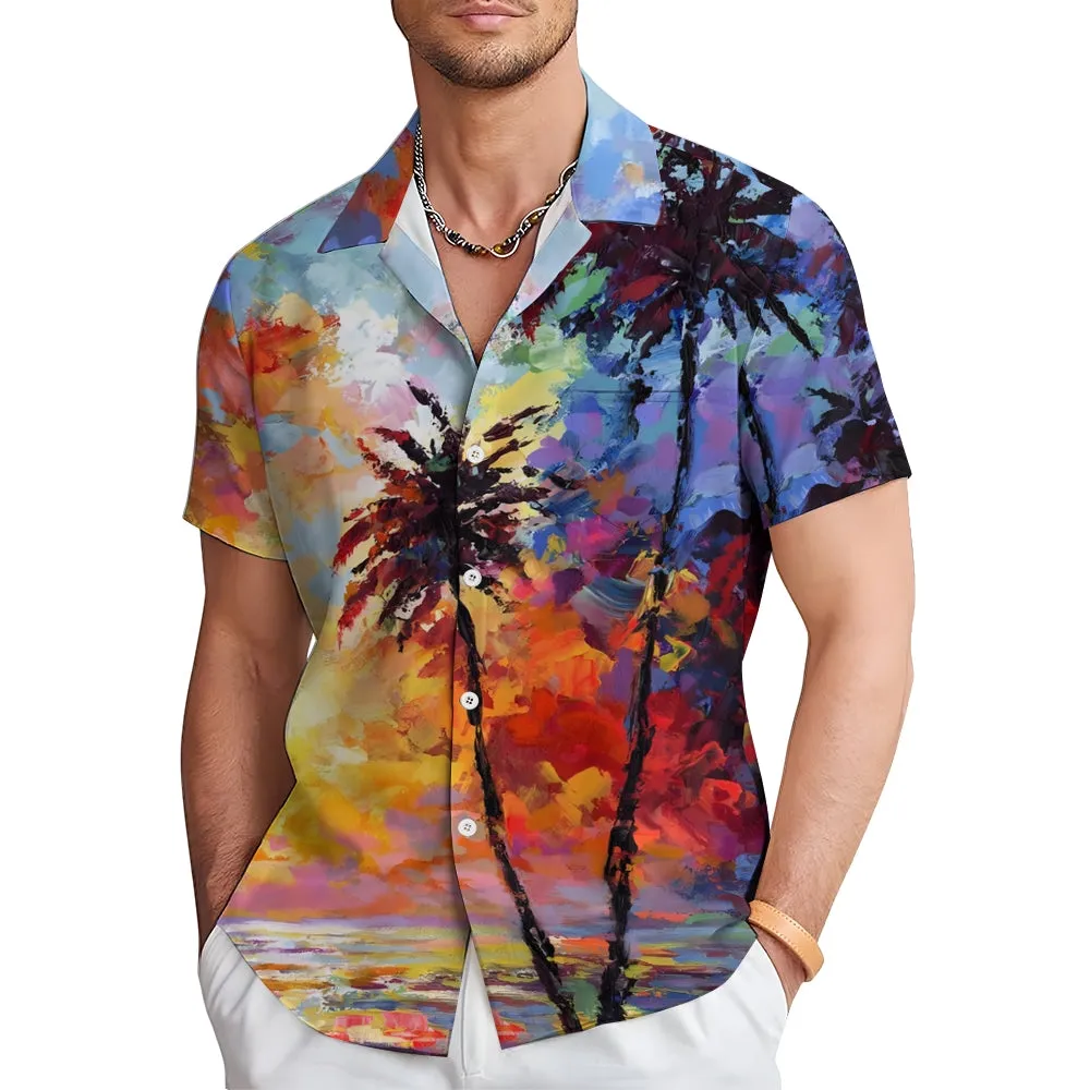 Hawaiian Coconut Tree Oil Painting Art Print Short Sleeve Shirt 2404001791