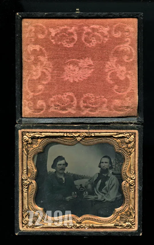 Interesting Ambrotype 2 Drinking Men Gold Miner or Civil War Sailor? 1860s Beer