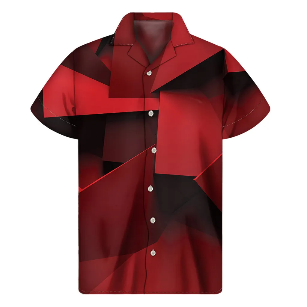 Island Chic: Red Geometric Print Hawaiian Short Sleeve Shirt