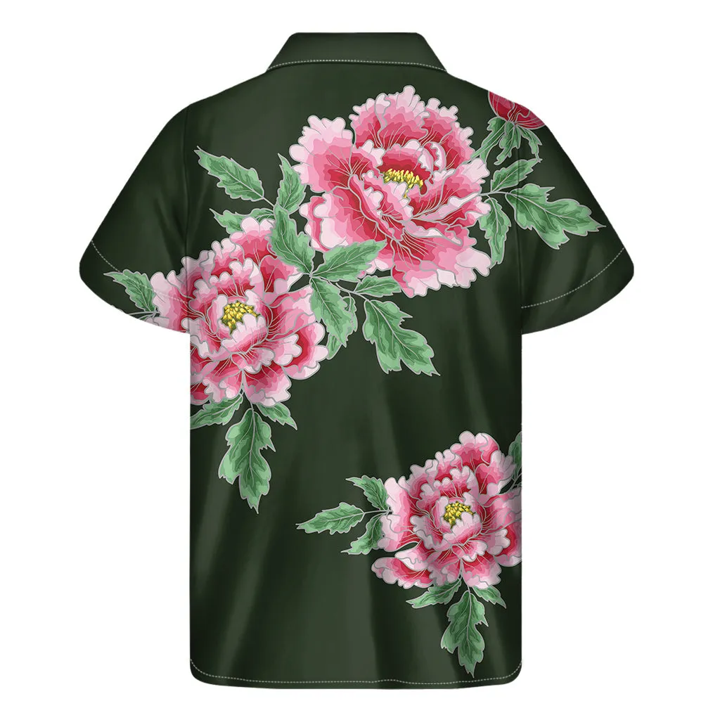Japanese Peony Print Hawaiian Short Sleeve Shirt