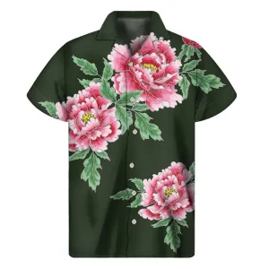 Japanese Peony Print Hawaiian Short Sleeve Shirt