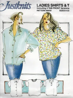 Justknits 96859 Womens Stretch Knit T Shirts & Tab Front Tops 1980s Vintage Sewing Pattern Size 8 - 22 UNCUT Factory Folded