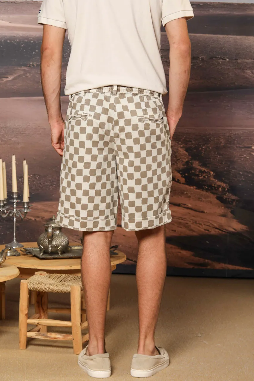 Khinos M74 men's chino bermuda in stretch cotton-silk gabardine with damier print relaxed fit