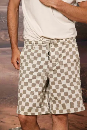 Khinos M74 men's chino bermuda in stretch cotton-silk gabardine with damier print relaxed fit