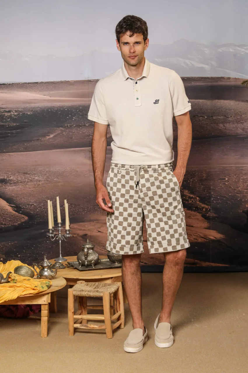 Khinos M74 men's chino bermuda in stretch cotton-silk gabardine with damier print relaxed fit