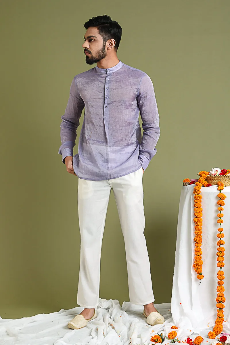 Lavender Shirt Kurta in Chanderi Tissue with White Cotton Pants