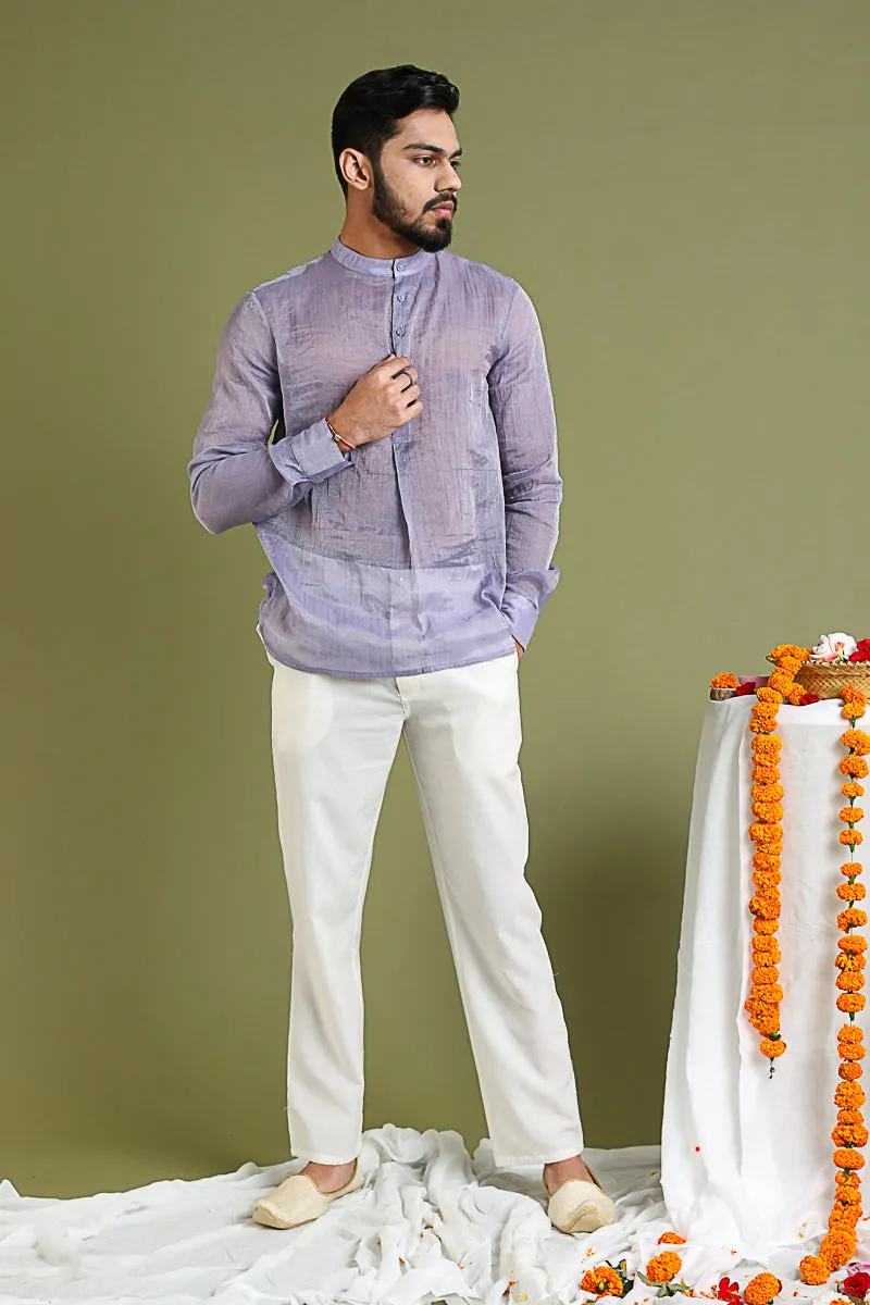 Lavender Shirt Kurta in Chanderi Tissue with White Cotton Pants