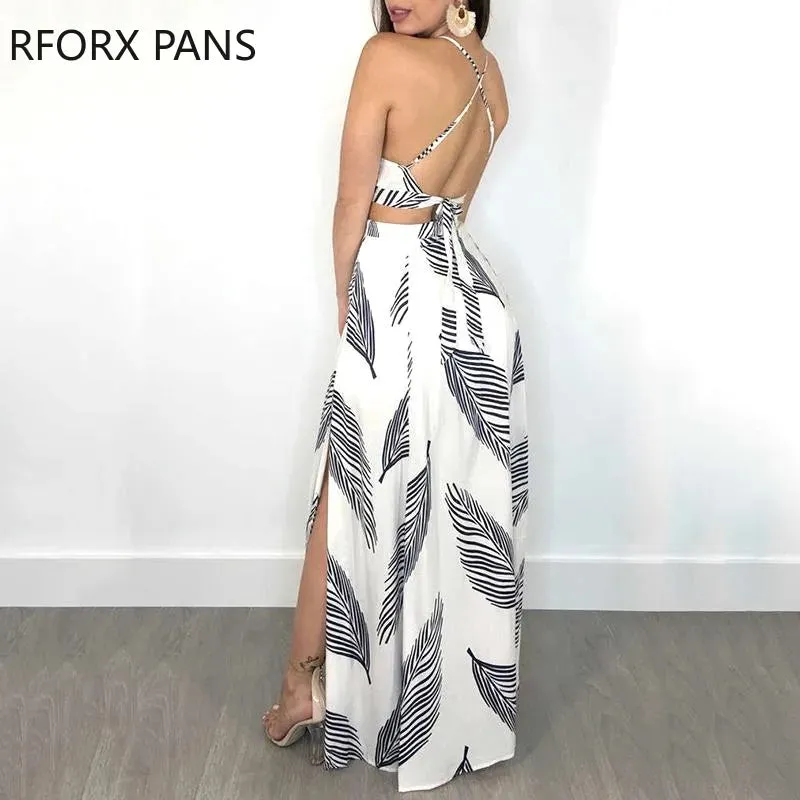Leaf Print Backless Cami Top & Maxi Dress Set with Split Hem