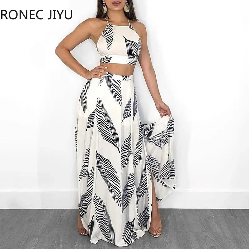 Leaf Print Backless Cami Top & Maxi Dress Set with Split Hem