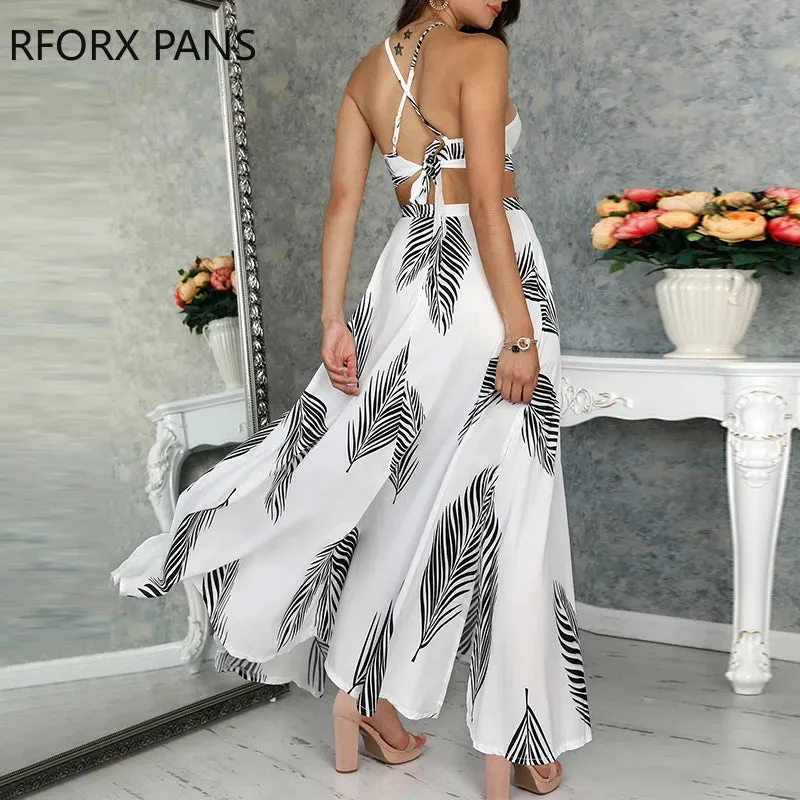 Leaf Print Backless Cami Top & Maxi Dress Set with Split Hem