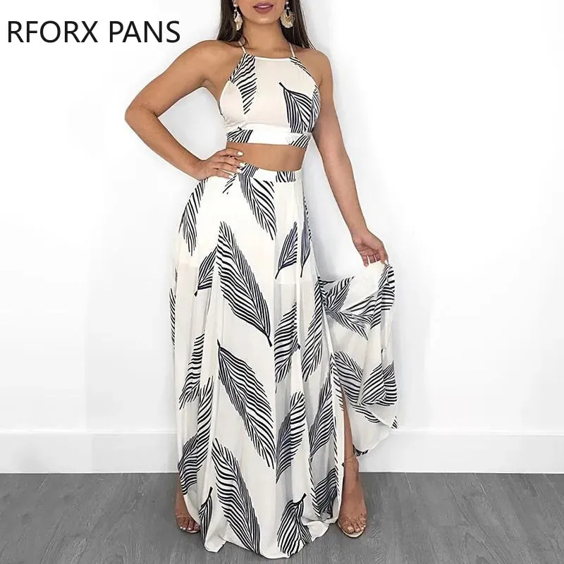 Leaf Print Backless Cami Top & Maxi Dress Set with Split Hem