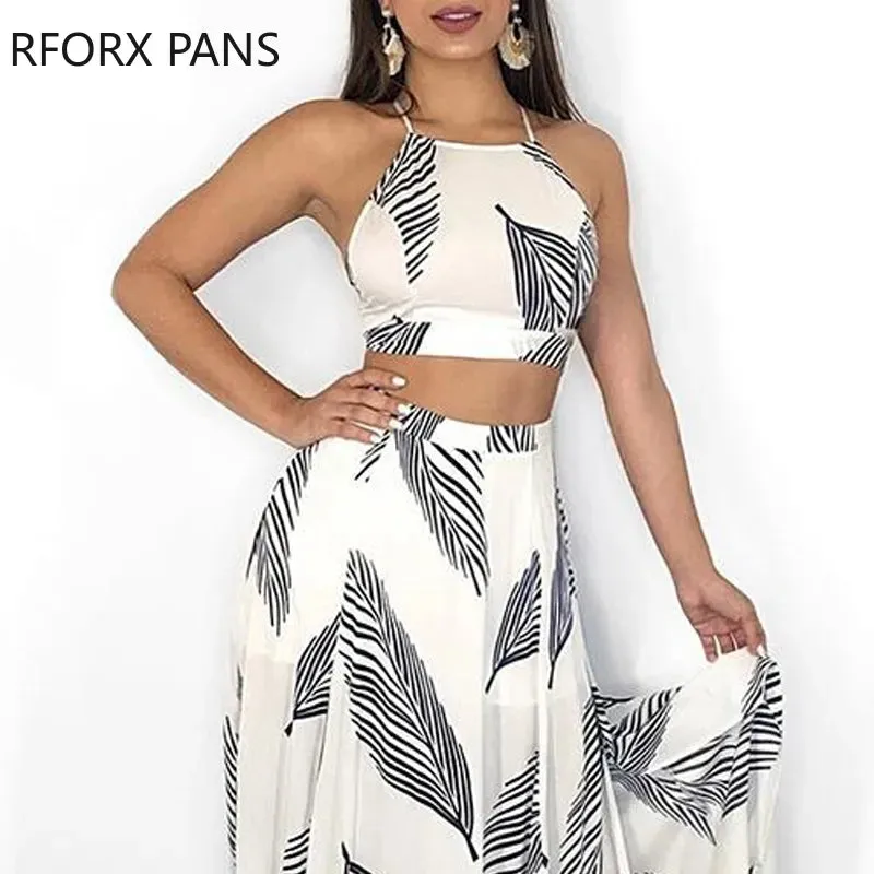 Leaf Print Backless Cami Top & Maxi Dress Set with Split Hem
