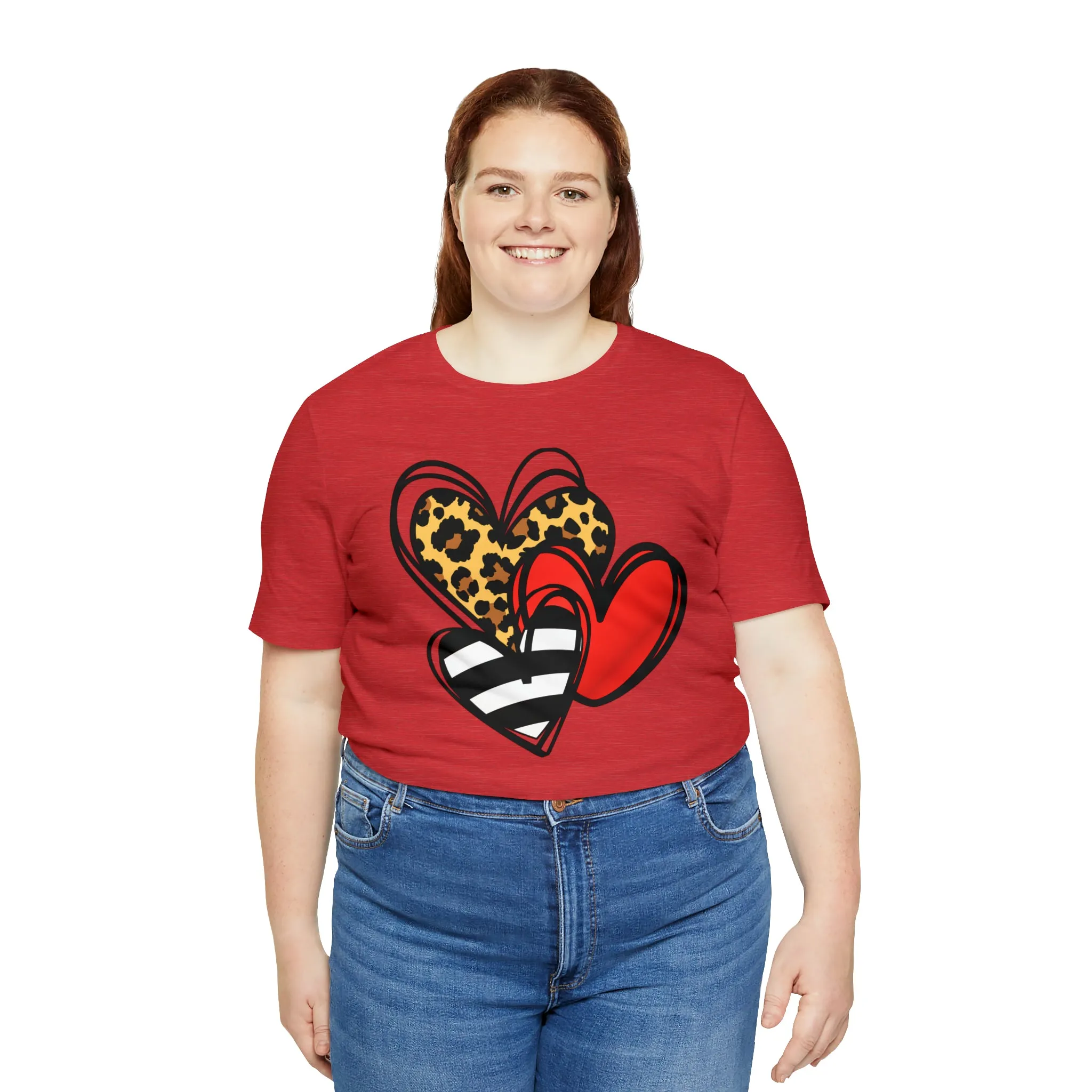 Leopard, Striped, Red Heart T-Shirt | Three Heart Tee |  Bella Canvas 3001 Unisex |  Happy Valentine's Day Short Sleeve Tshirt