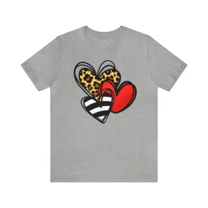 Leopard, Striped, Red Heart T-Shirt | Three Heart Tee |  Bella Canvas 3001 Unisex |  Happy Valentine's Day Short Sleeve Tshirt