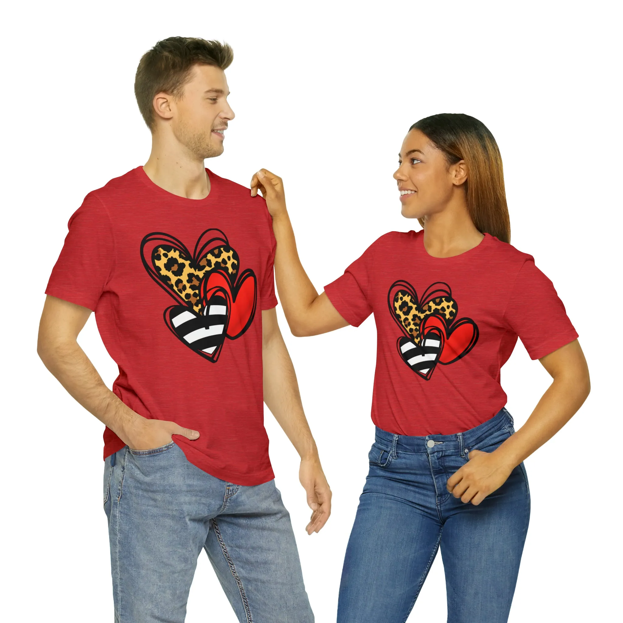 Leopard, Striped, Red Heart T-Shirt | Three Heart Tee |  Bella Canvas 3001 Unisex |  Happy Valentine's Day Short Sleeve Tshirt