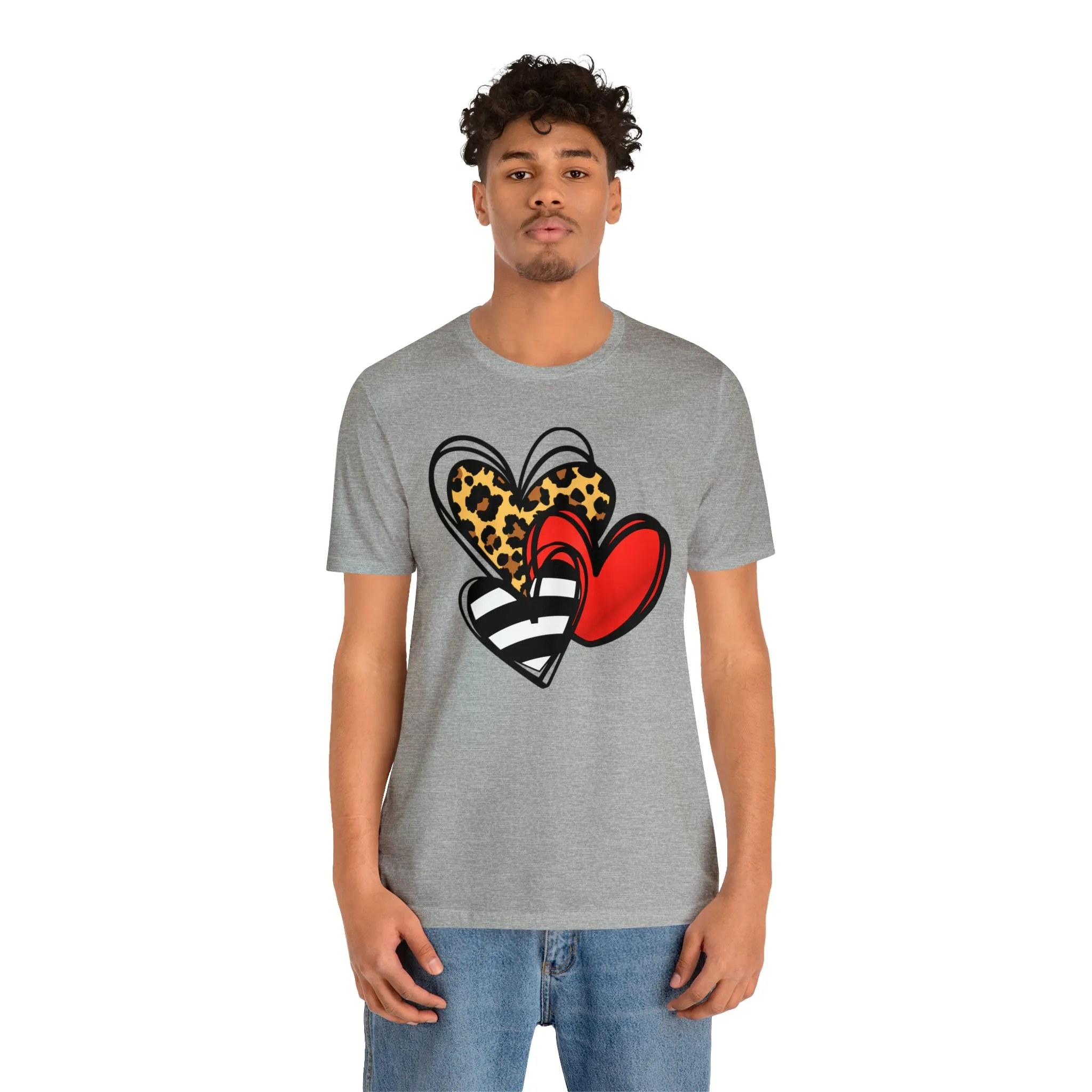 Leopard, Striped, Red Heart T-Shirt | Three Heart Tee |  Bella Canvas 3001 Unisex |  Happy Valentine's Day Short Sleeve Tshirt