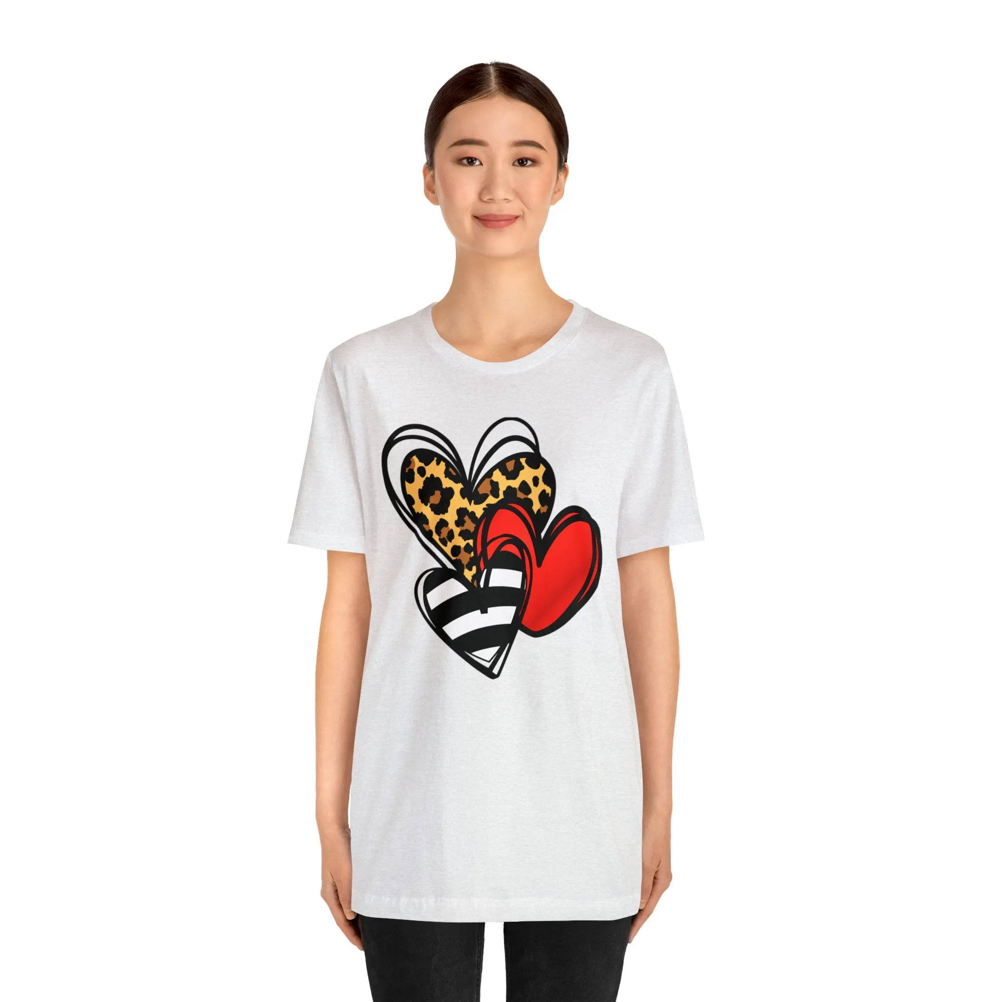 Leopard, Striped, Red Heart T-Shirt | Three Heart Tee |  Bella Canvas 3001 Unisex |  Happy Valentine's Day Short Sleeve Tshirt