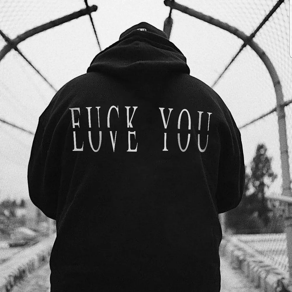 Love You Fk You Letter Print Casual Men's Hoodie