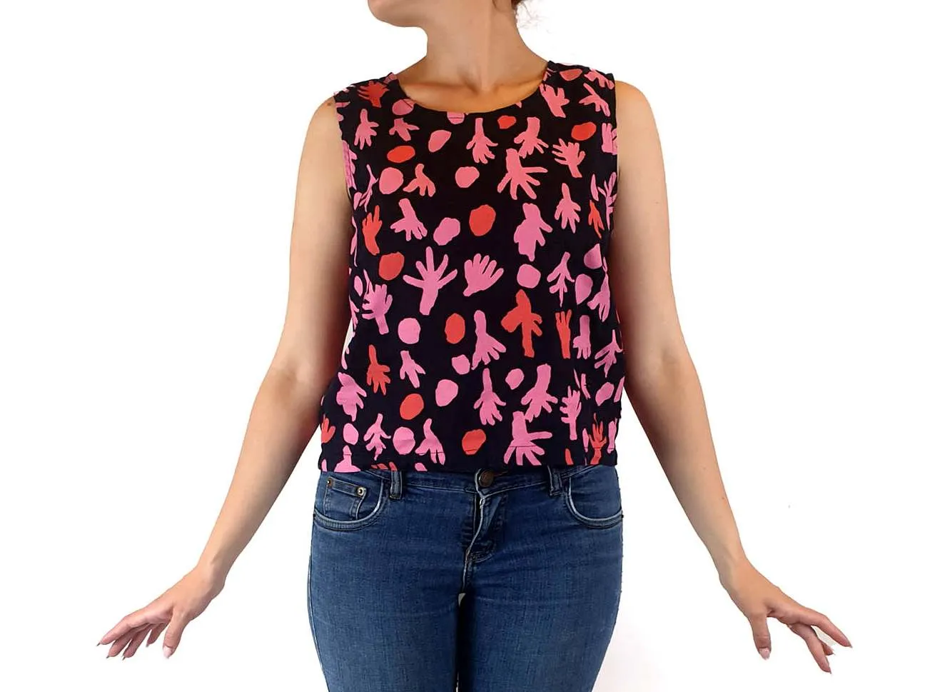 Magpie Goose black linen top with bright pink print size 10