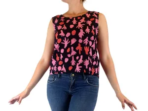 Magpie Goose black linen top with bright pink print size 10