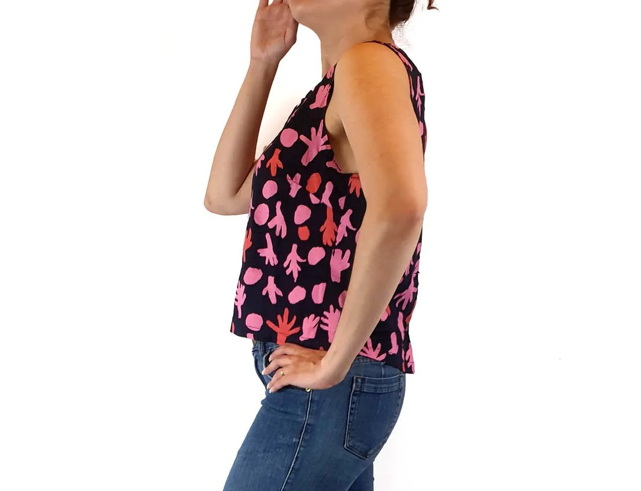 Magpie Goose black linen top with bright pink print size 10