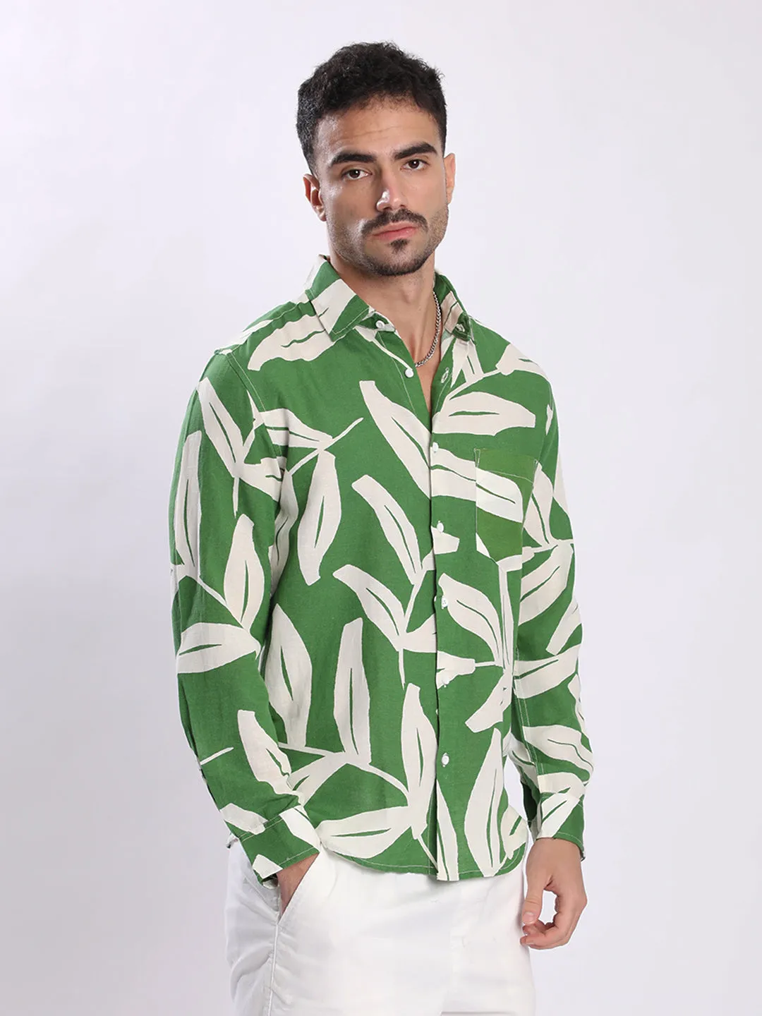Men Green and White Abstract Print Linen Shirt