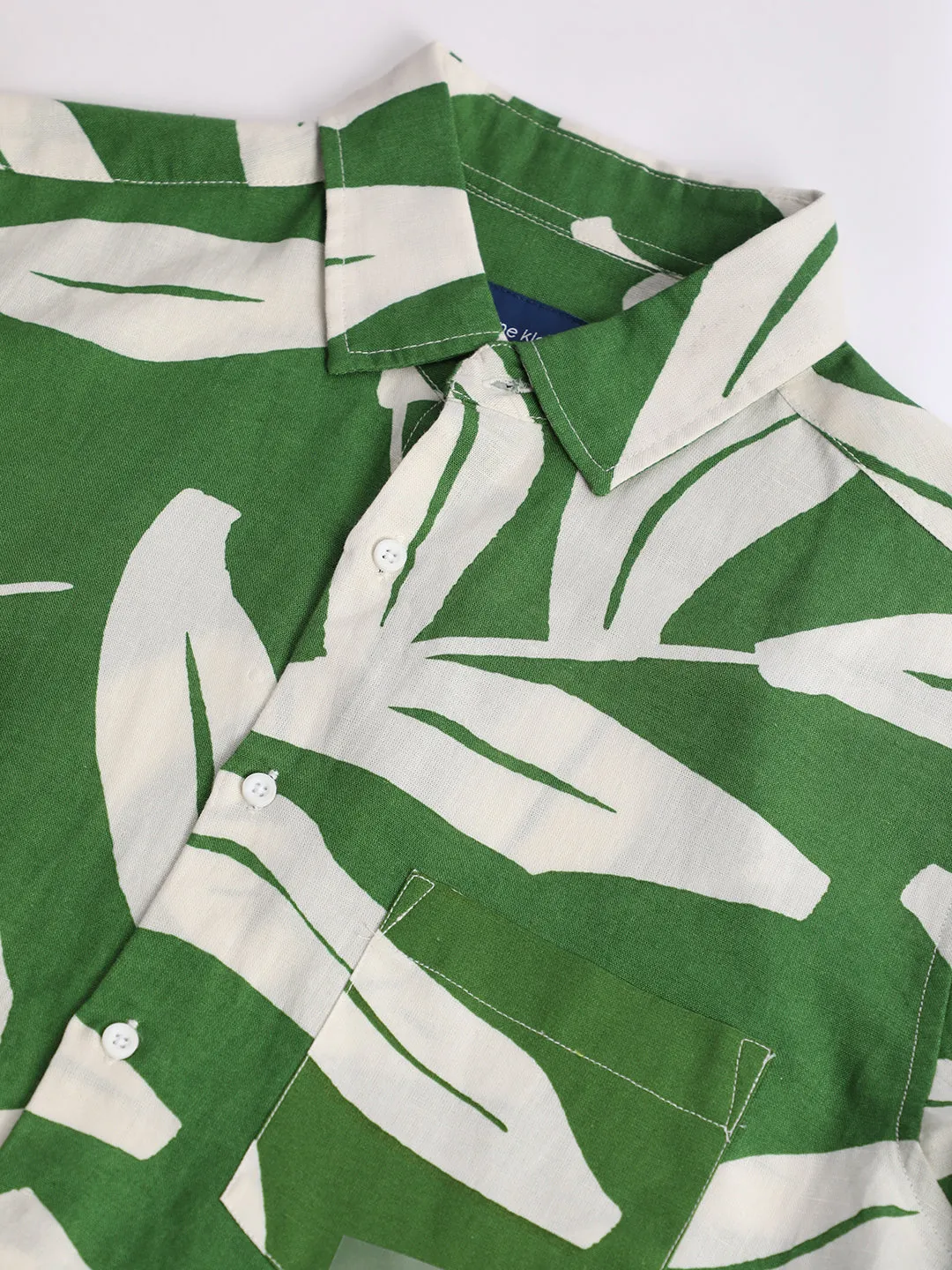 Men Green and White Abstract Print Linen Shirt