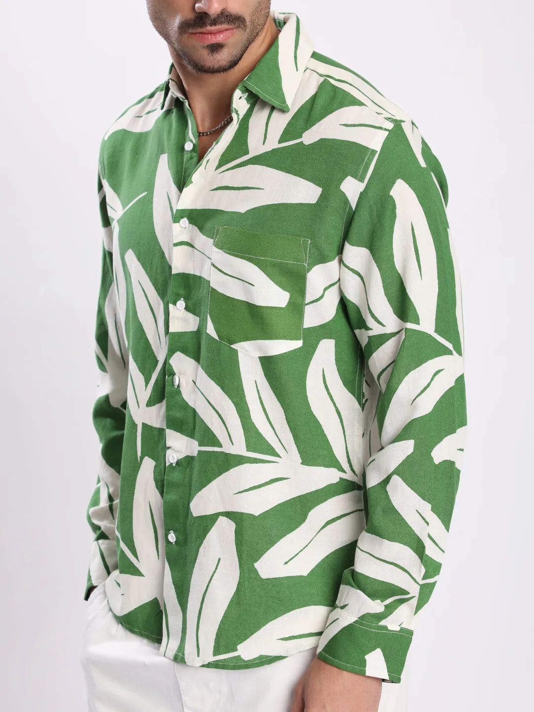 Men Green and White Abstract Print Linen Shirt