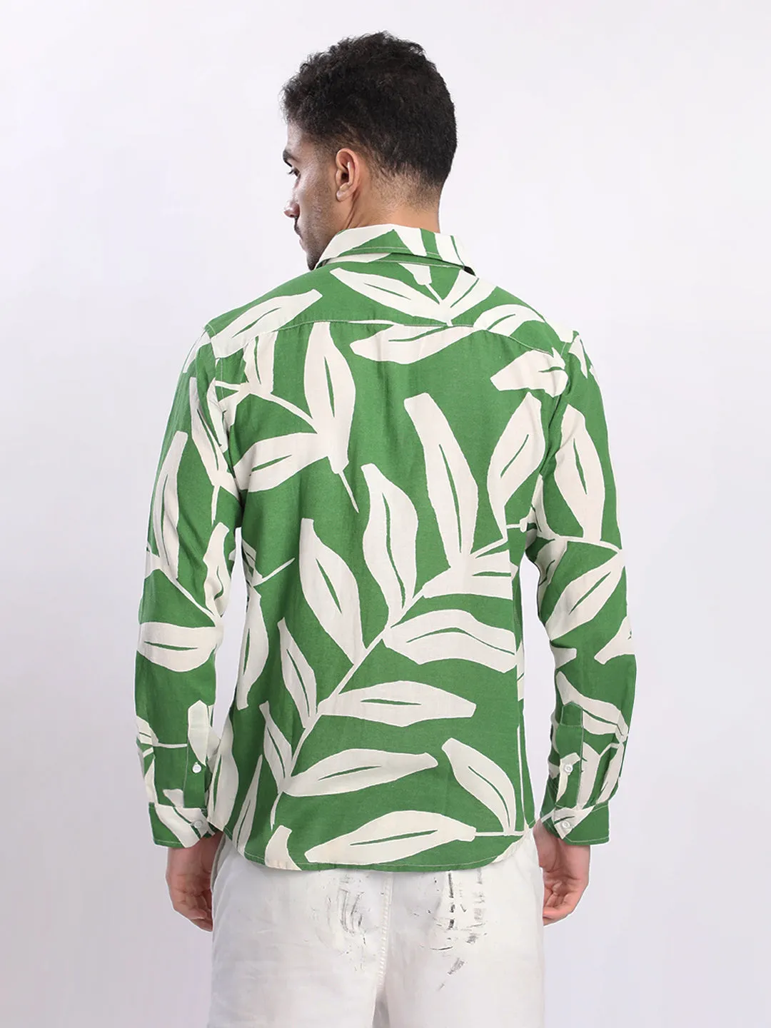 Men Green and White Abstract Print Linen Shirt