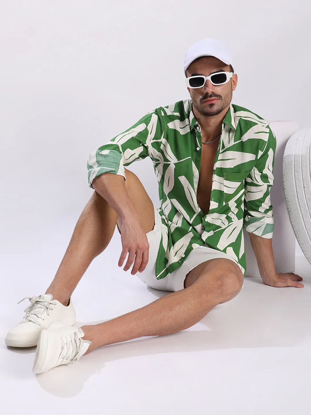Men Green and White Abstract Print Linen Shirt