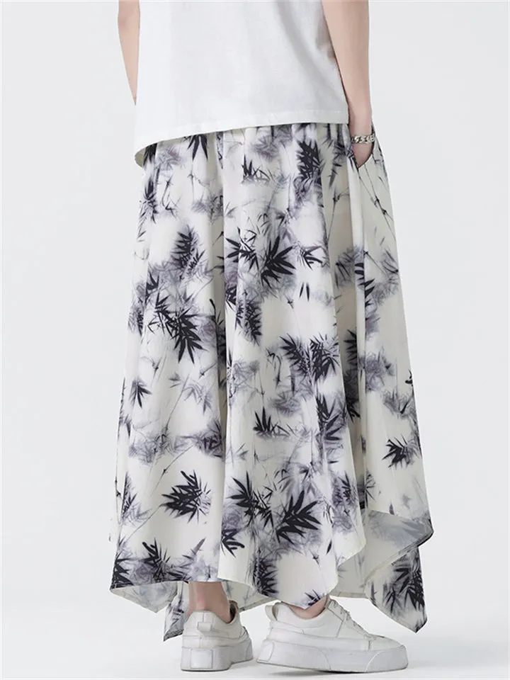 Men's Black Bamboo Leaf Print Loose Ice Silk Pants