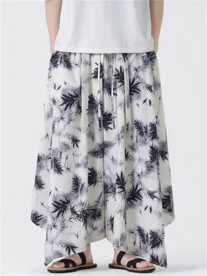 Men's Black Bamboo Leaf Print Loose Ice Silk Pants