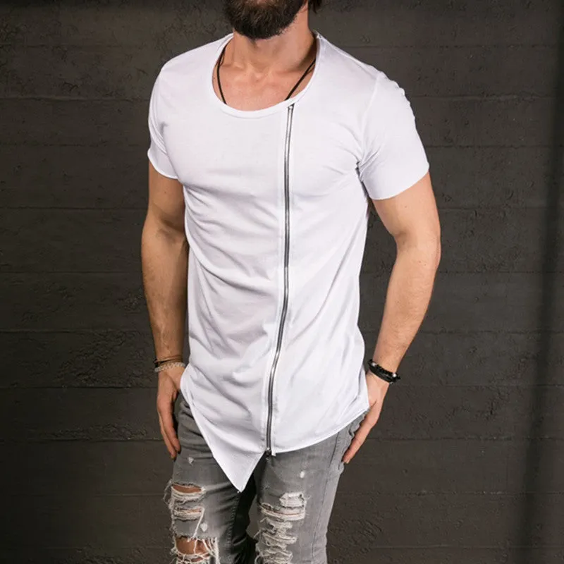 Men's Fashion Show Stylish Long T shirt Asymmetrical Side Zipper Big Neck Short Sleeve T-Shirt Tees