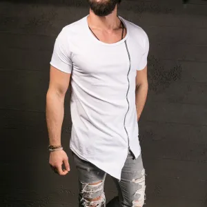 Men's Fashion Show Stylish Long T shirt Asymmetrical Side Zipper Big Neck Short Sleeve T-Shirt Tees