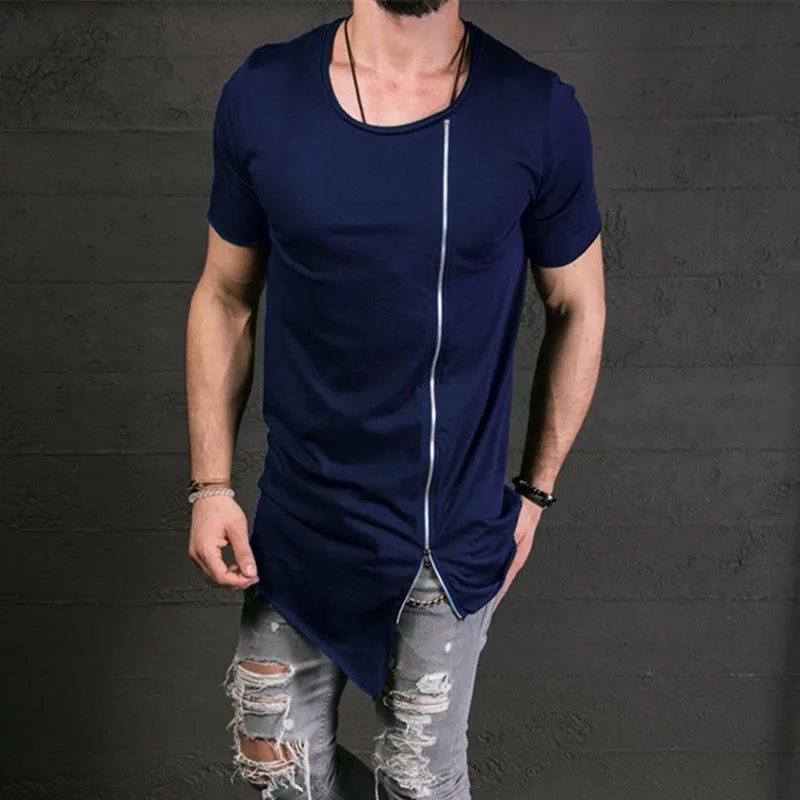 Men's Fashion Show Stylish Long T shirt Asymmetrical Side Zipper Big Neck Short Sleeve T-Shirt Tees