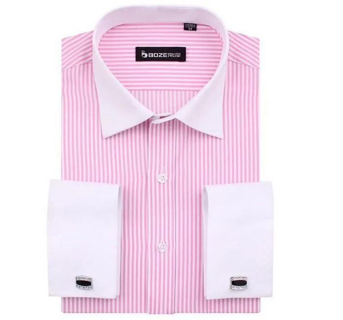 Men's French Cut Striped Dress Shirt with Luxury Button Cuffs