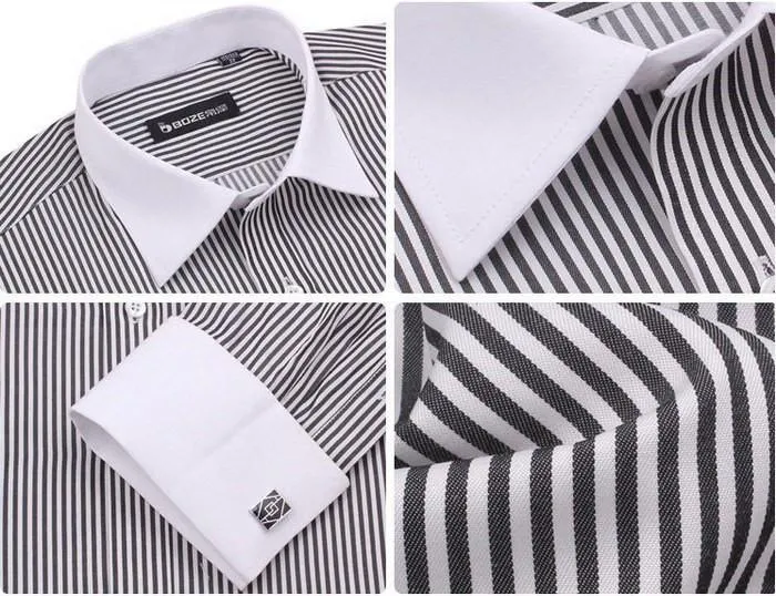 Men's French Cut Striped Dress Shirt with Luxury Button Cuffs