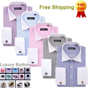 Men's French Cut Striped Dress Shirt with Luxury Button Cuffs