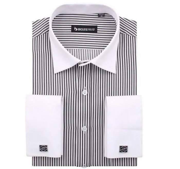 Men's French Cut Striped Dress Shirt with Luxury Button Cuffs