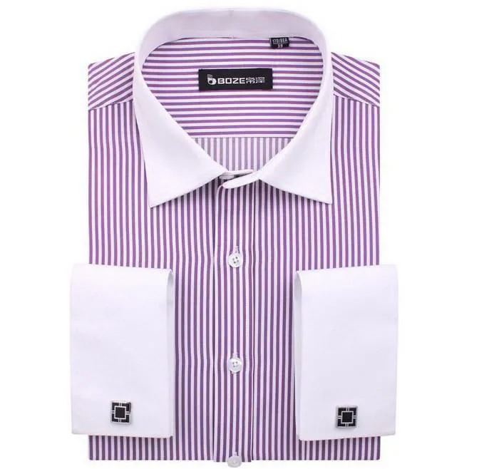 Men's French Cut Striped Dress Shirt with Luxury Button Cuffs