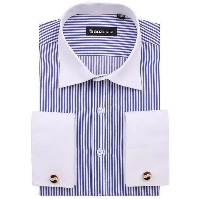 Men's French Cut Striped Dress Shirt with Luxury Button Cuffs