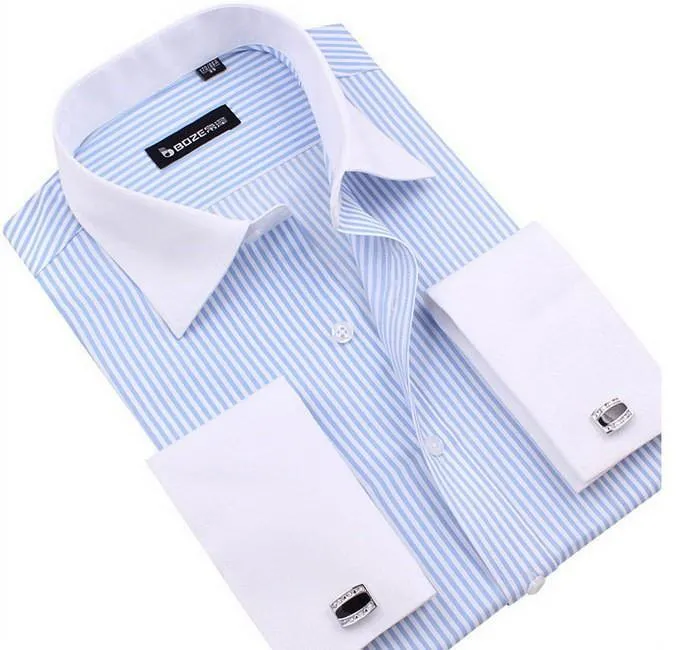 Men's French Cut Striped Dress Shirt with Luxury Button Cuffs