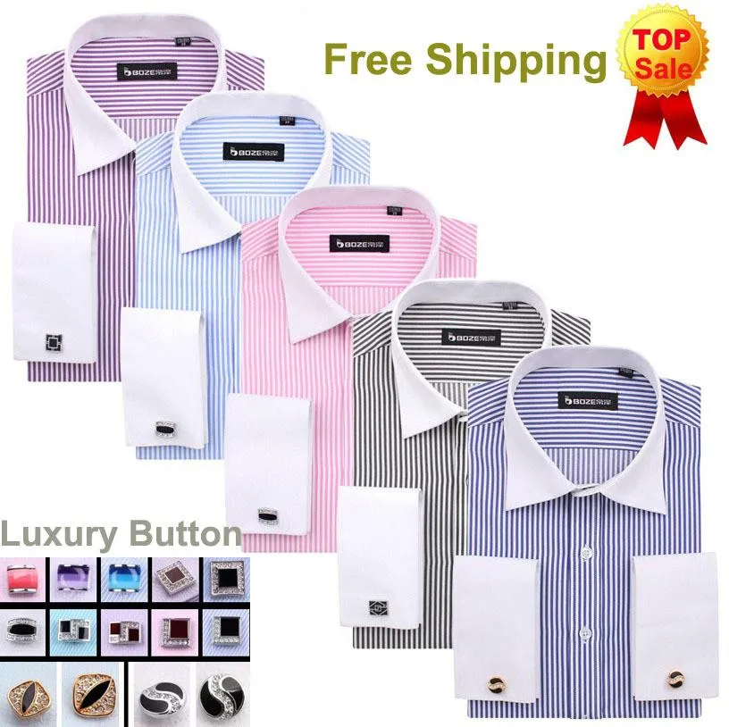 Men's French Cut Striped Dress Shirt with Luxury Button Cuffs