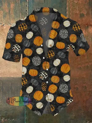 Men's Halloween Pumpkin Print Casual Beach Short Sleeve Shirt