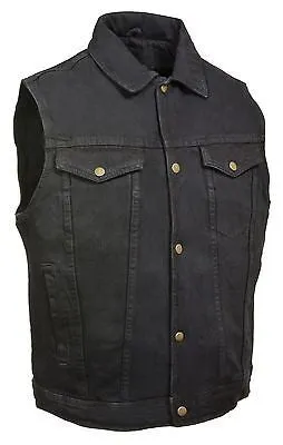 MEN'S JEAN STYLE W/SHIRT COLLAR BLACK DENIM MOTORCYCLE VEST 2 GUN POCKET INSIDE