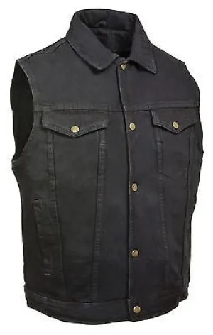 MEN'S JEAN STYLE W/SHIRT COLLAR BLACK DENIM MOTORCYCLE VEST 2 GUN POCKET INSIDE